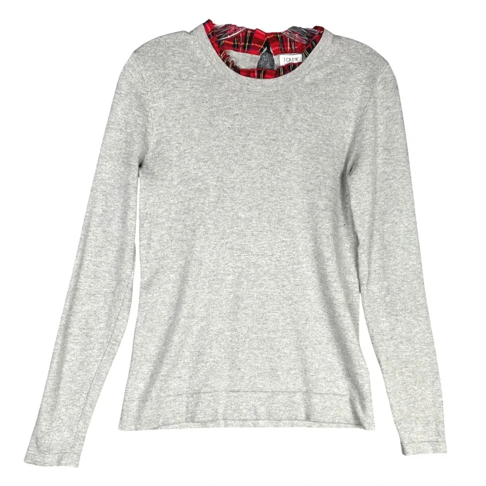 J.Crew Womens Plaid Ruffle Trim Sweater S Preppy Gray Long Sleeve Pullover‎